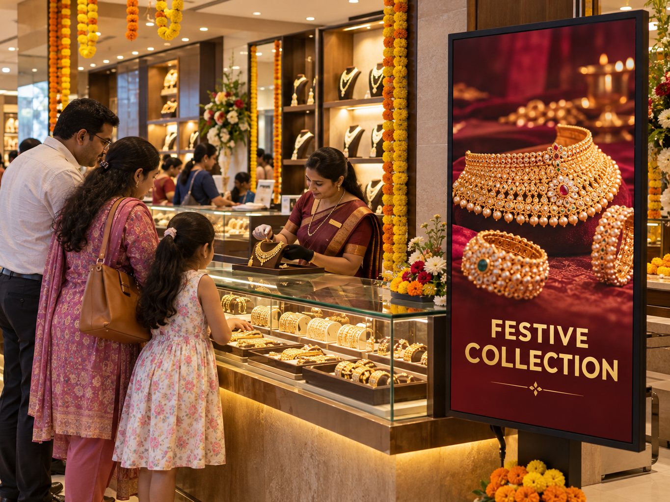 Jewellery showroom with a vertical screen beside the display counter
